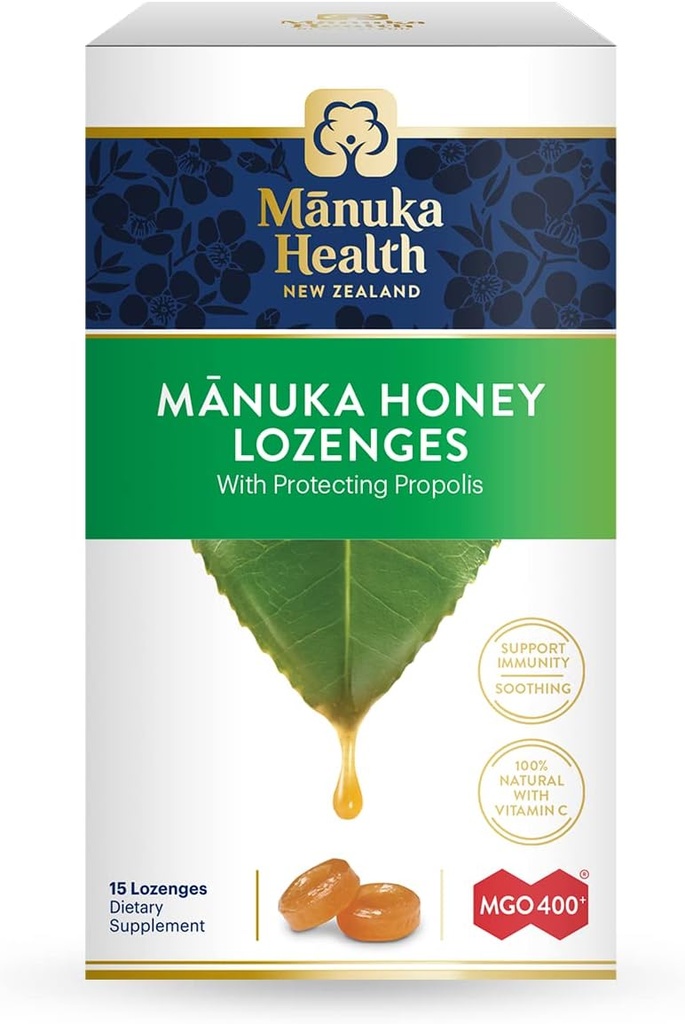 Manuka Health Manuka Honey Lozenges - 15 Propolis Lozenges - ナチュラル Throat Lozenges 生のマヌカハニー、ニュージーランドのプロポリス、免疫サポートのためのビタミンCに注入
