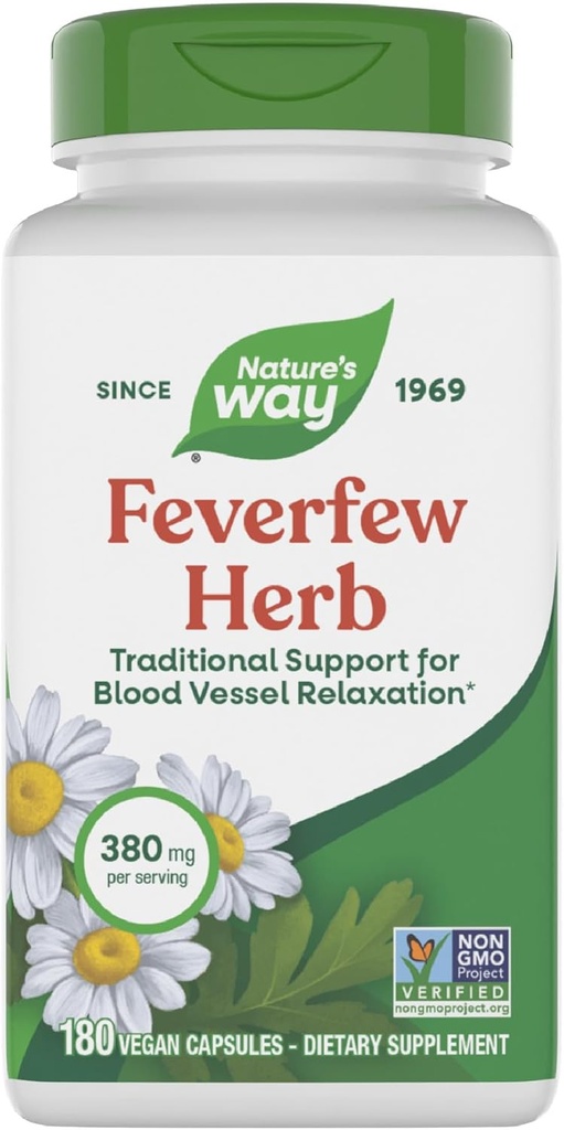 Nature's Way Feverfew Herb, 血液容器のリラックスのための伝統的なサポート*, サービングあたり380 mg, 非GMOプロジェクト検証済み, 180 ビーガンFeverfewカプセル (パッケージ 5 月 Vary)