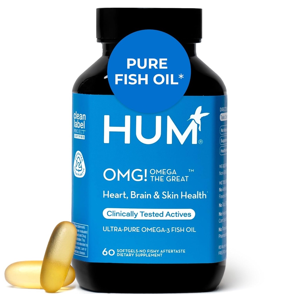 HUM OMG! Omega The Great Triple Omega 3 Fish Oil Supplement for Women & Men with Vitamin E, DHA & EPA, Skin Care & Skin Tone Support for Heart & Brain Health, Gluten Free, Non GMO, 60 Softgels