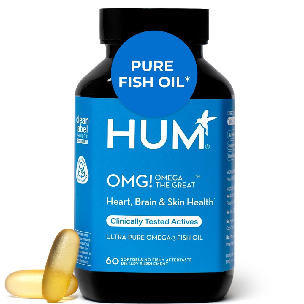 HUM OMGさん! Omega ビタミン E、DHA 及び EPA の女性の及び人のための大きい三重 Omega 3 の魚油の補足、中心及び頭脳の健康、グルテンフリー、非 GMO、60 の Softgels のためのスキン ケア及び皮の調子サポート