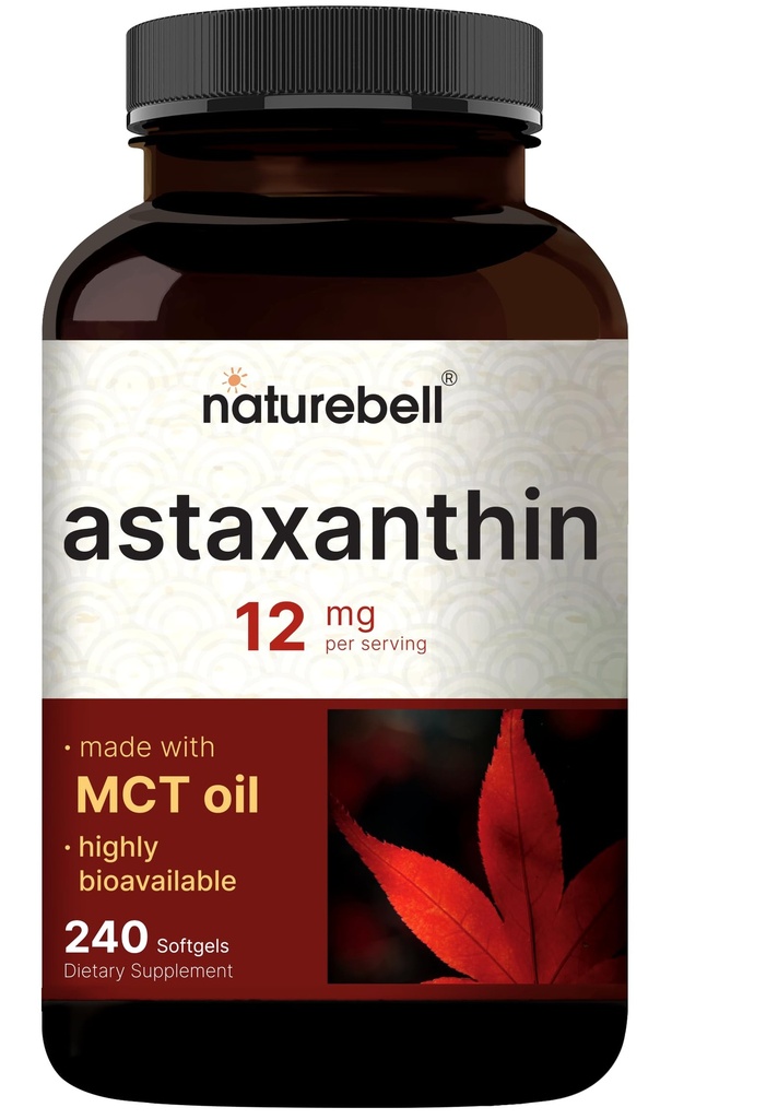 NatureBellの最高の強さのアスタキサンチン12mg、240のSoftgels - 4か月の供給-Haematococcus Pluvialis Microalgaeからの自然な酸化防止剤 非GMOのグルテンフリー