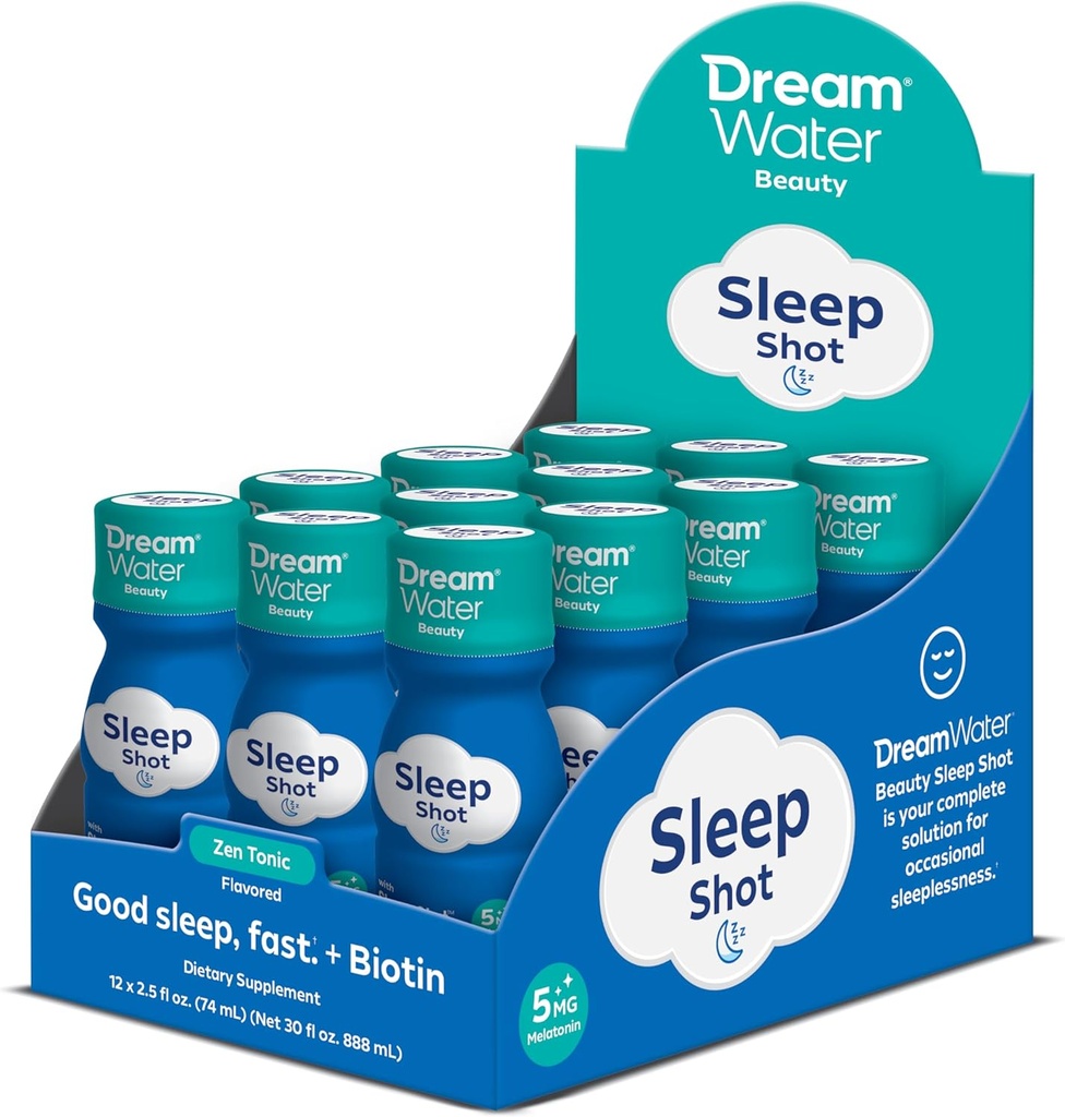 Dream Water Beauty Sleep Aid Drink Supplement; Melatonin 5mg, GABA, 5-HTP, Plus Biotin for Healthy Skin, Hair and Nails; 2.5 oz Liquid Sleep Shots, Zen Tonic 12-Count