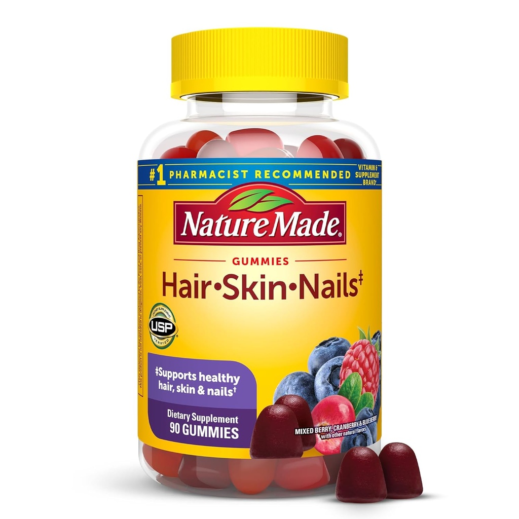 Nature Made Hair Skin and Nails with Biotin 2500 mcg, Dietary Supplement for Healthy Hair, Skin & Nails Support, 90 Gummies, 45 Day Supply