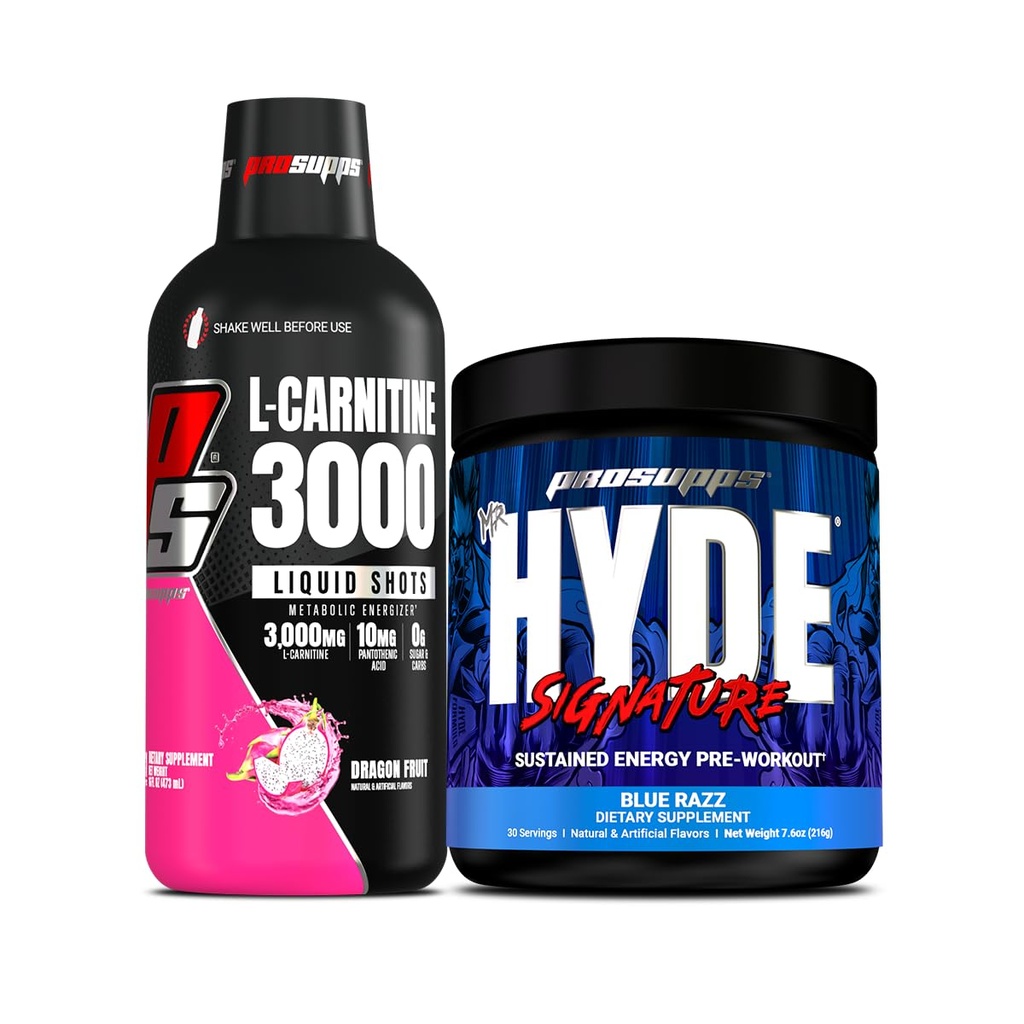 PROSUPPS L-カルニチン3000興奮剤フリー液体ショット(ドラゴンフルーツ)とハイドシグネチャーシリーズプレワークアウトエナジーパウダードリンク(ブルーラズ)バンドル