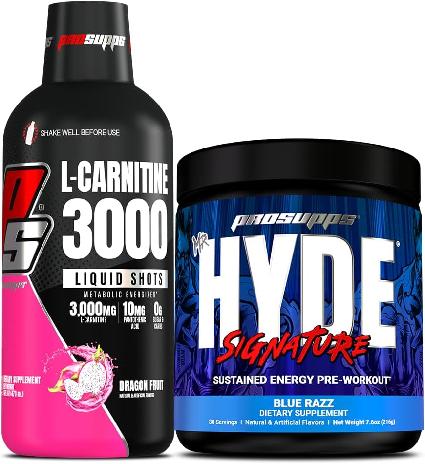 PROSUPPS L-カルニチン3000興奮剤フリー液体ショット(ドラゴンフルーツ)とハイドシグネチャーシリーズプレワークアウトエナジーパウダードリンク(ブルーラズ)バンドル