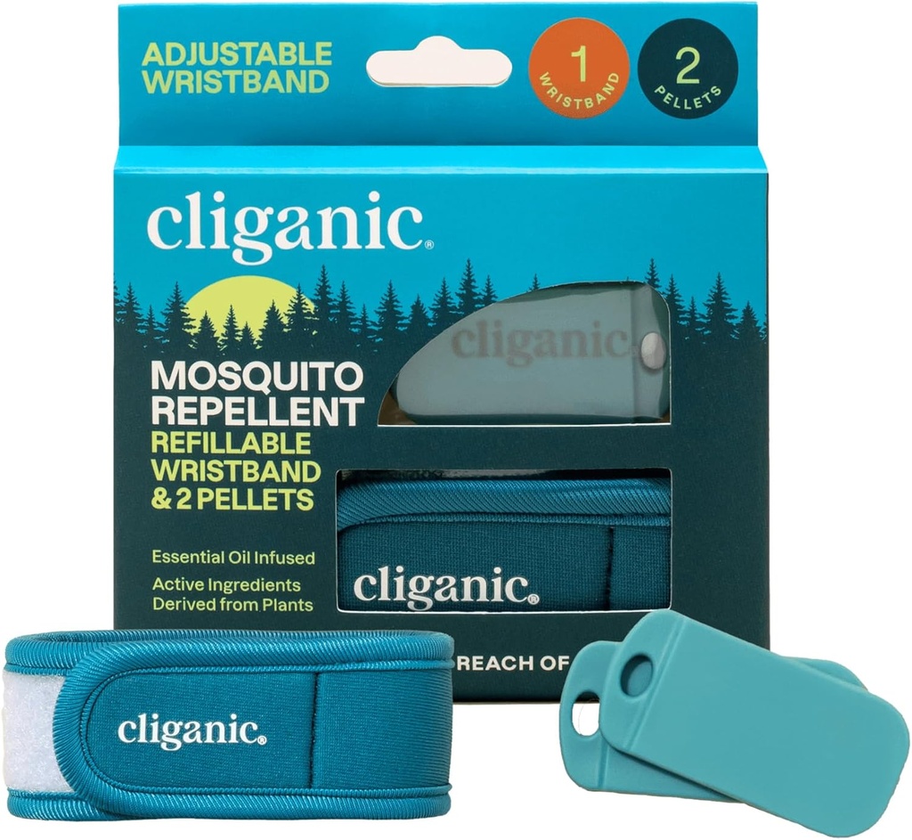 Cliganic Mosquito Repellent のパック(リストバンド + 2 の詰め替えの餌) - 調節可能な、自然な DEET なし、精油の注入
