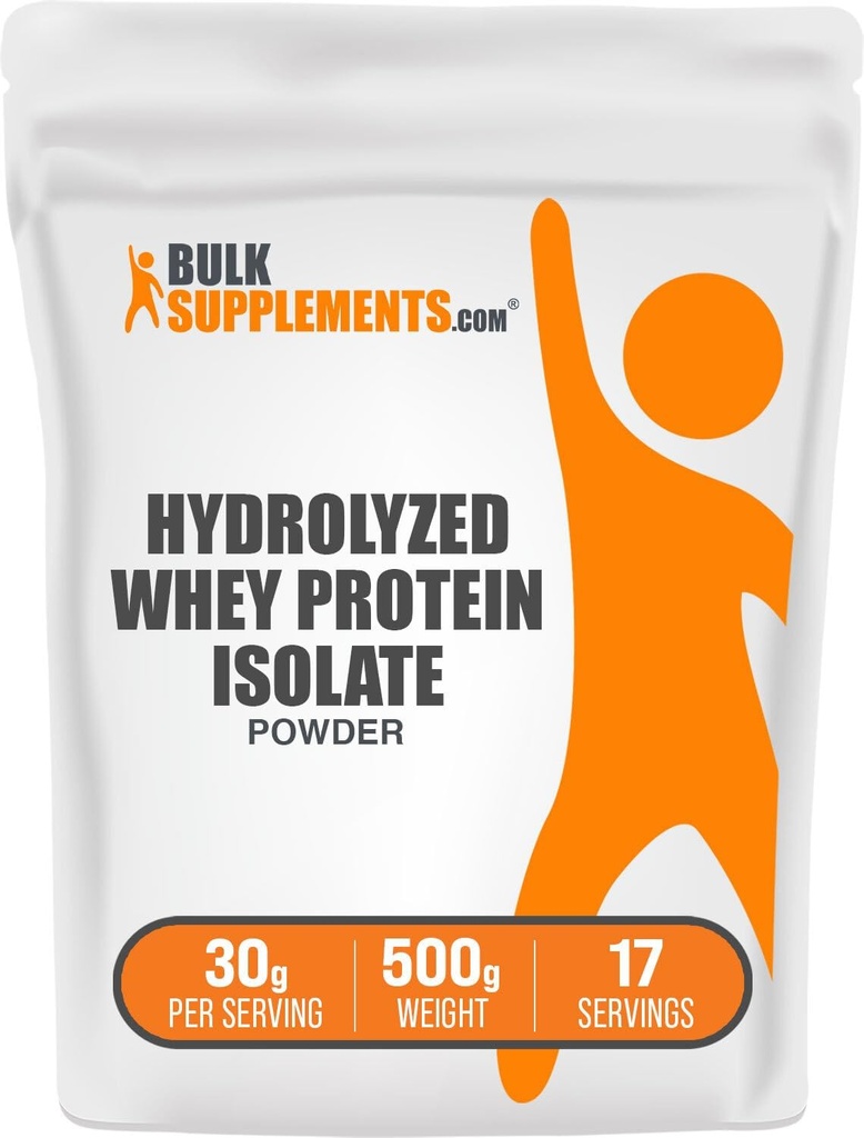 BulkSupplements.com Hydrolyzed Whey Protein Isolate Powder - Whey Isolate Protein - Unflavored & Gluten Free, 30g per Serving, 500g (1.1 lbs) (Pack of 1)