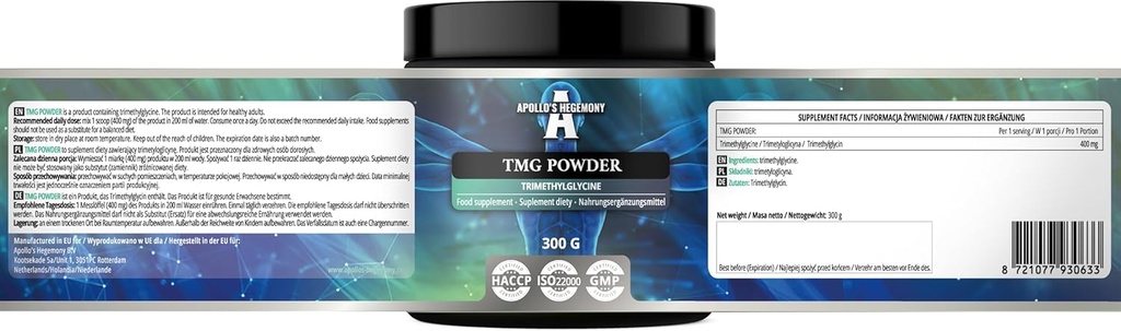 APOLLO'S HEGEMONY TMG Powder 300g - Betaine - 2000mg Trimethylglycine per Serving - 150 Servings per Pack - No additives - Branched Chain Amino Acids - Metabolite Support