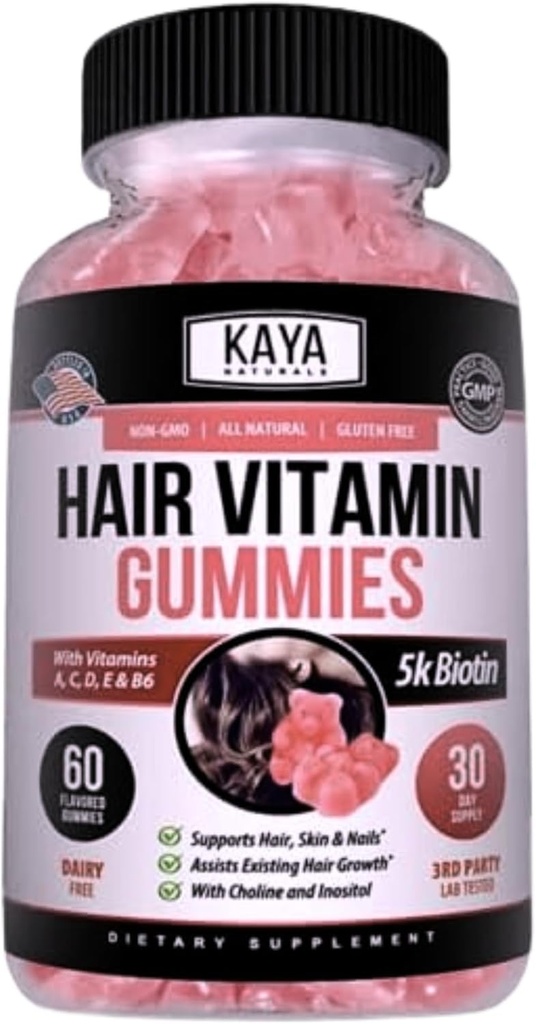 Kaya Naturals 毛の成長のグミ - 健康な毛、皮および釘のためのBiotin 5000mcg ビタミン - 女性または人の美の補足 - 60 の計算 - Blueberry の味