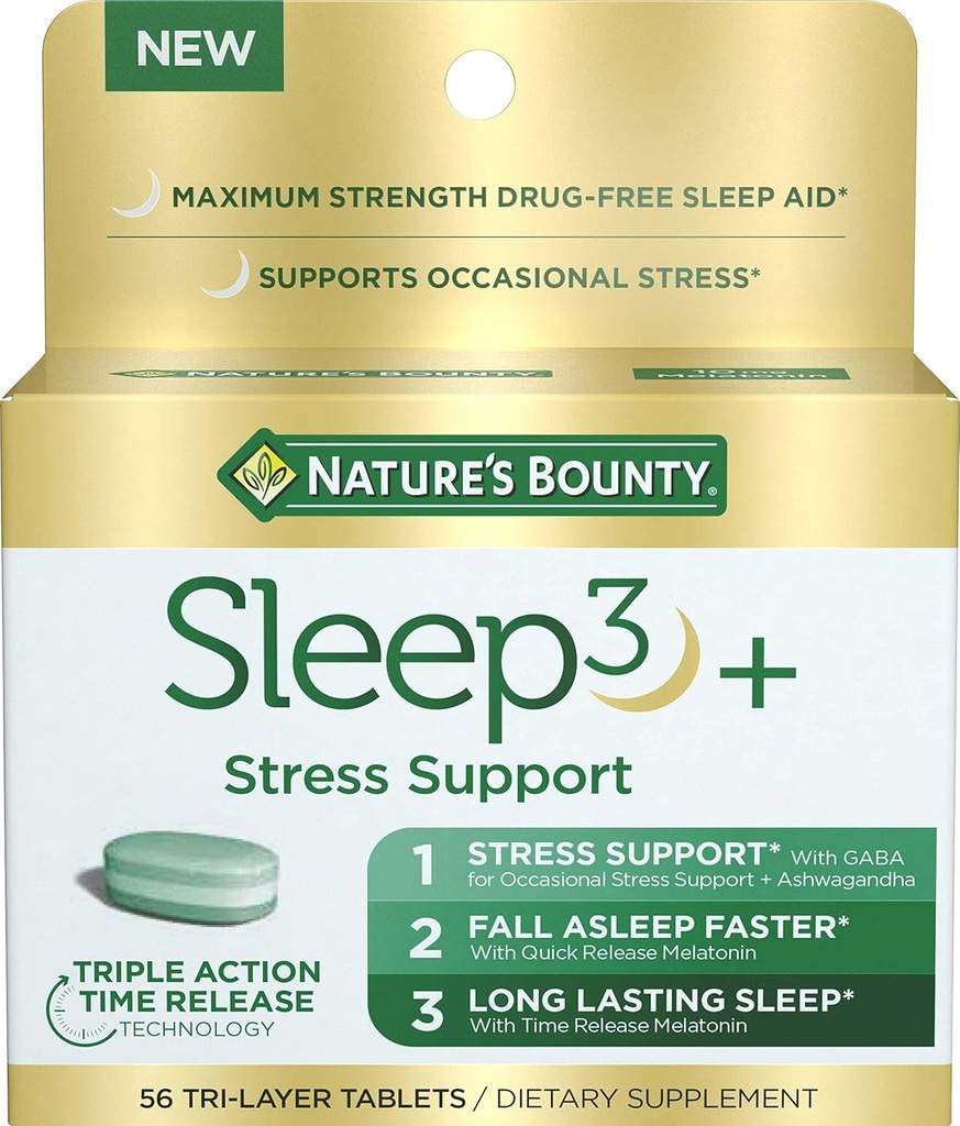 Nature's Bounty Stress Support Plus Melatonin、Sleep3 最大強度100%薬物無料睡眠補助薬、Ashwagandha、Time Release Technology、10mg、56 Tri-Layeredタブレット