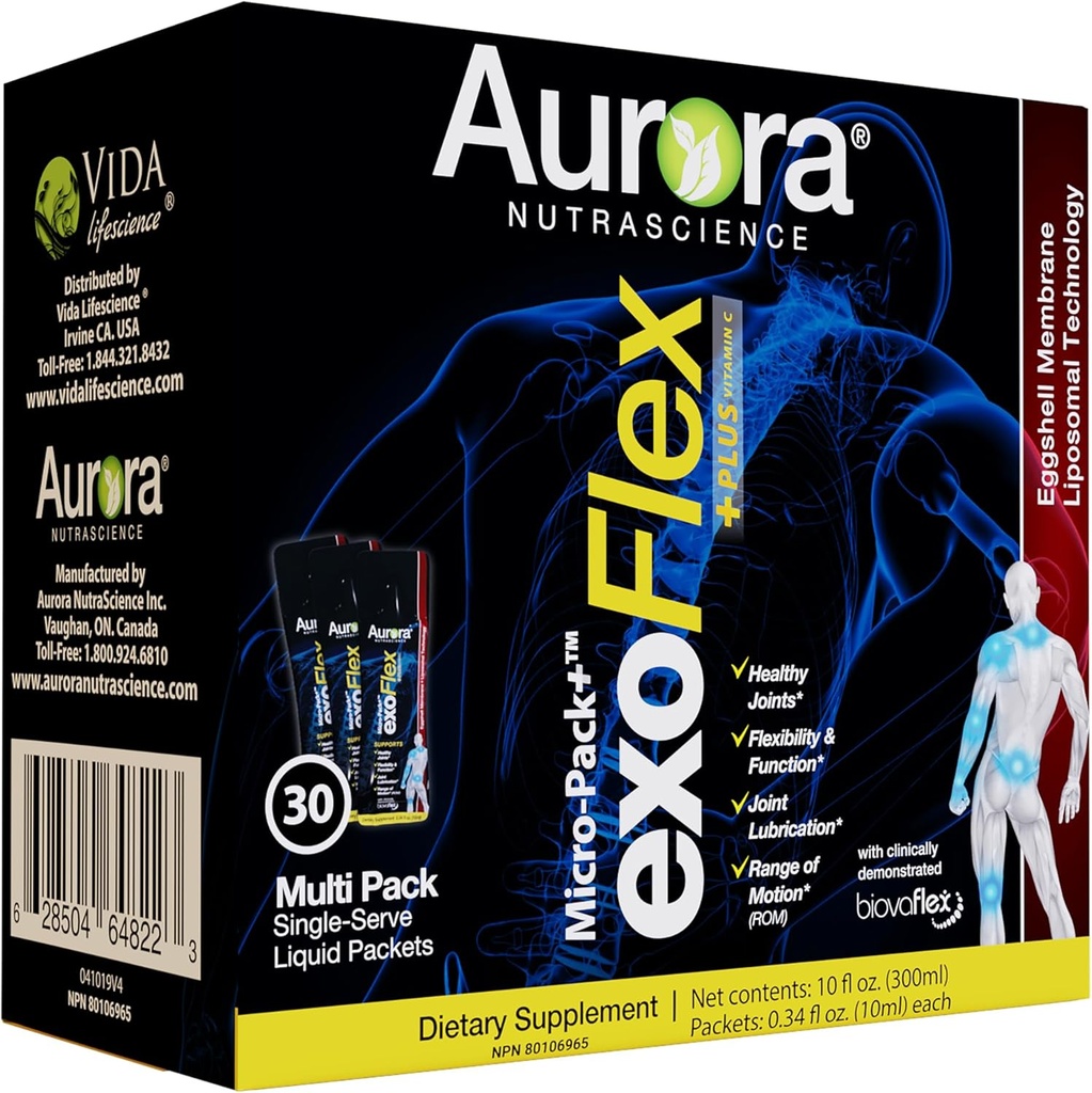 Aurora Nutrascience Micro-Pack Liposomal exoFlex+(ビタミンC付)、共同柔軟性と機能をサポート、BiovaFlexエッグシェルメンブレン、クルクミン&ボスウェリア、ストワベリーフレーバー、30シングルサーブパケット