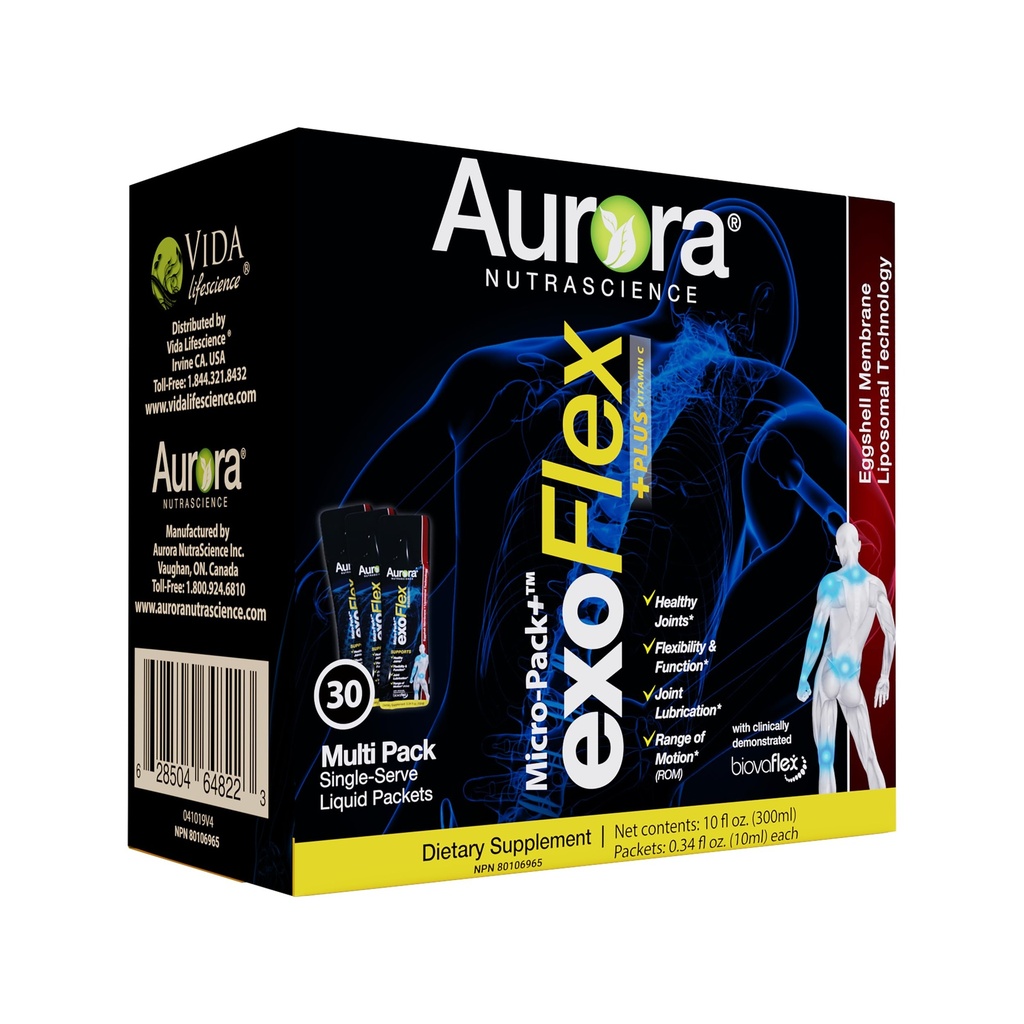 Aurora Nutrascience Micro-Pack Liposomal exoFlex+(ビタミンC付)、共同柔軟性と機能をサポート、BiovaFlexエッグシェルメンブレン、クルクミン&ボスウェリア、ストワベリーフレーバー、30シングルサーブパケット