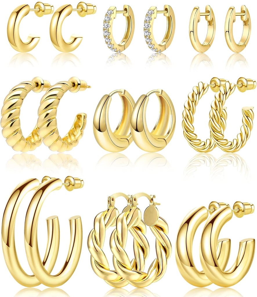 Adoyi 9 ペアゴールド フープ イヤリング レディース ツイスト ヒューギー フープ イヤリング 14K 18K ゴールド プレート 女性 バレンタイン 母の日 誕生日 贈り物 軽量