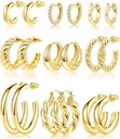 Adoyi 9 ペアゴールド フープ イヤリング レディース ツイスト ヒューギー フープ イヤリング 14K 18K ゴールド プレート 女性 バレンタイン 母の日 誕生日 贈り物 軽量