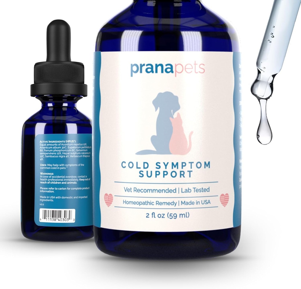 PranaPets Cold Symptom Support for Cats & Dogs | Natural Formula Safely Aids with Colds, Seasonal Allergies & Kennel Cough | Helps Open Airways for Easy Breathing