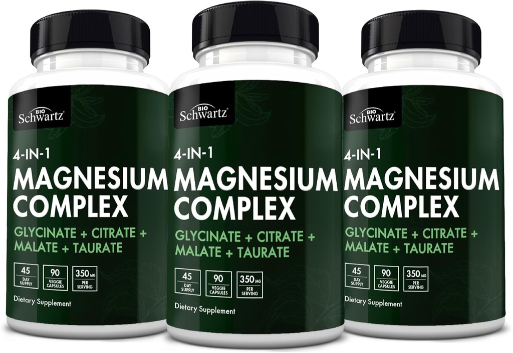 BioSchwartz Magnesium Complex Supplement (3 Pack) 350mg Magnesium Glycinate Citrate Malate and Taurate Per Serving for Healthy Nerves Muscles Heart Sleep Support (Vegan, Gluten-Free, Non-GMO)