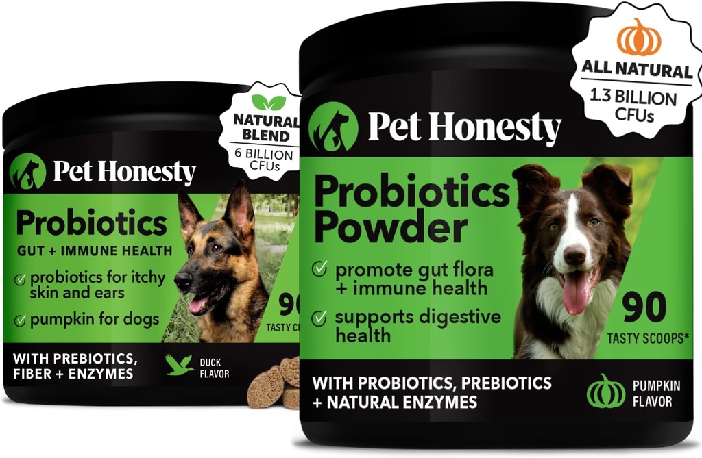 プロバイオティクス バンドル: 犬のプロバイオティクス のための diarrhea & 腸サポート 咀嚼 ・ 粉末と 消化酵素 腸の健康 (ダック 90 ct)