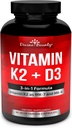 Vitamin K2 (MK7 & MK4) with D3 Supplement - Vitamin K & D as MK-7 100mcg, MK-4 500mcg, and 5000 IU Vitamin D3 3-in-1 Formula - Bone and Heart Support - 90 Non-GMO Vegetarian Capsules