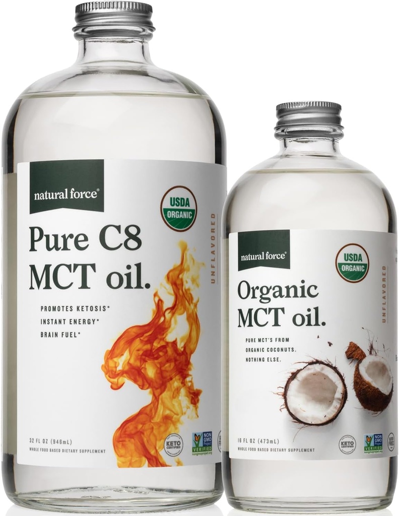 自然な力 有機性純粋なC8 +有機性完全なスペクトルMCT オイル – USDA オーガニック, 非 GMO, 100% 純粋なココナッツ MCT – Keto, Paleo, 完全菜食主義者の, コザー – 32 Oz & 16 Oz ガラス ボトル