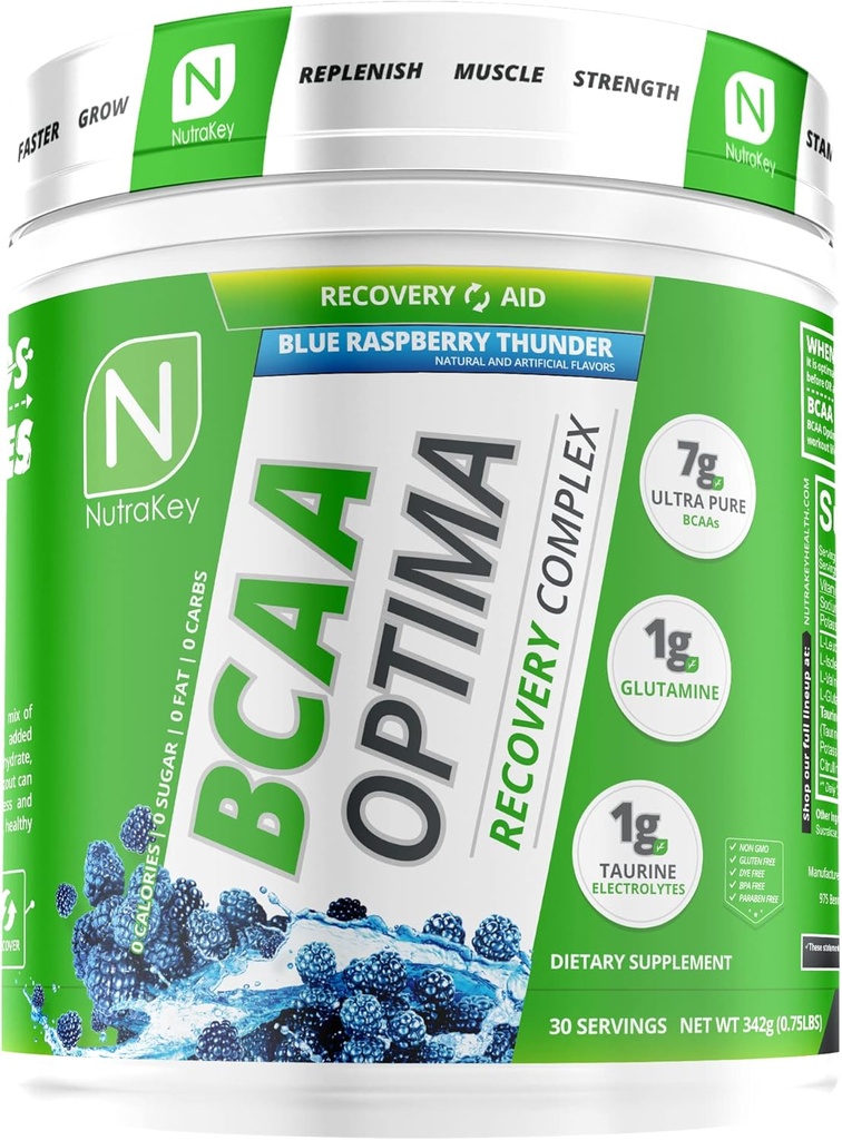 NutraKey BCAA Optima のポストのワークアウトの回復コンプレックス、砂糖無し、炭水化物、回復援助、青い Raspberry