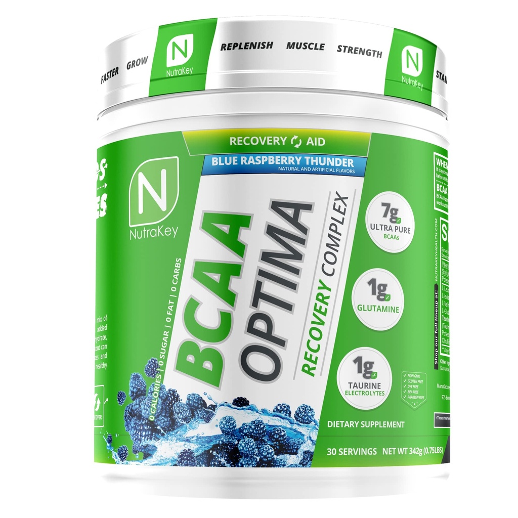 NutraKey BCAA Optima のポストのワークアウトの回復コンプレックス、砂糖無し、炭水化物、回復援助、青い Raspberry