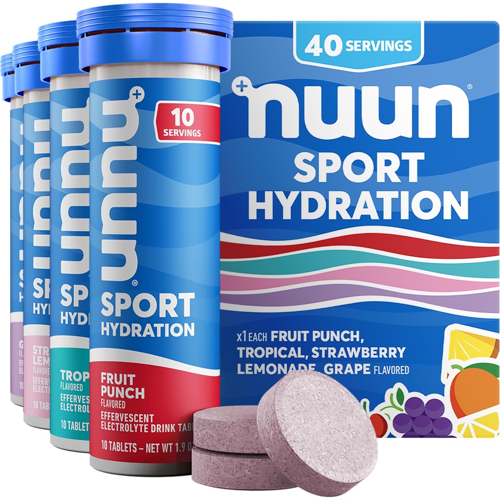 Nuunのスポーツはマグネシウム、カルシウム、カリウム、塩化物及びナトリウム、グルテンフリー及びビーガン、混合された味、4つのパック(40のサービングの合計)が付いている電解物のタブレットを錠剤にします