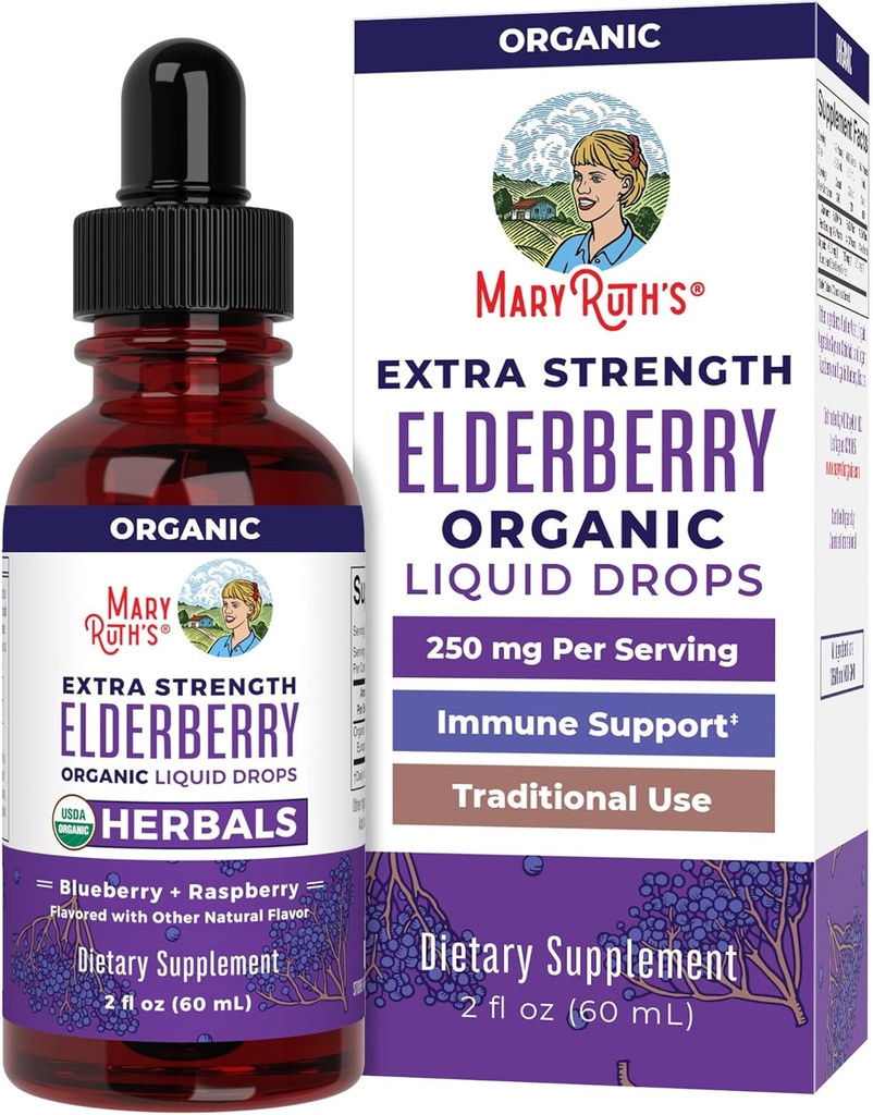 MaryRuth Organics Elderberry Syrup Extra Strength, USDA Organic Elderberry, Sugar Free Adult & Kids Immune Support Supplement for Age 1+, Clean Label Project Verified®, ヴィーガン, グルテンフリー, 2 Fl Oz