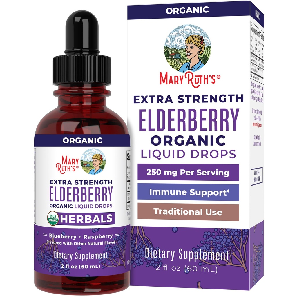 MaryRuth Organics Elderberry Syrup Extra Strength, USDA Organic Elderberry, Sugar Free Adult & Kids Immune Support Supplement for Age 1+, Clean Label Project Verified®, ヴィーガン, グルテンフリー, 2 Fl Oz