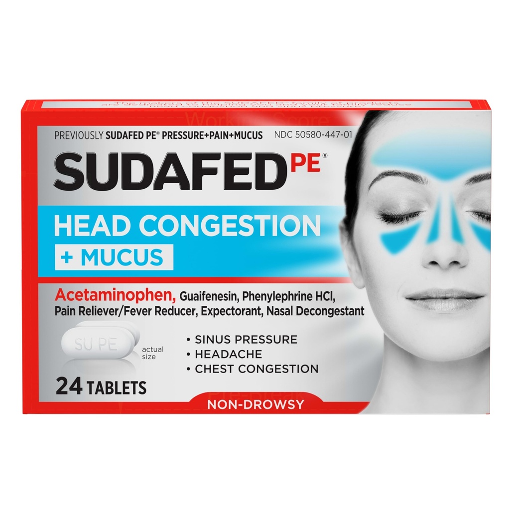SudafedのPEの頭部の輻輳+マカスの救助はSinus圧力、Congestion、及び頭痛、アセトアミノフェン、Guaifenesin及びPhenylephrine HCI、24のctと非眠性のDecongestantのためのタブレットを錠剤にします