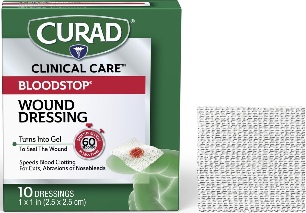 CURAD BloodStop® Wound Dressing | 1" x 1" | Hemostatic Gauze は、Bleeding を素早く停止するのに役立ちます | カット、研磨、ノーズブルは | 10 カウント