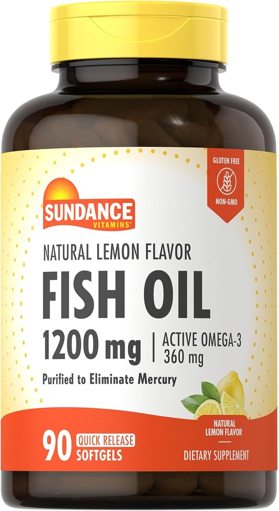 Sundance Fish Oil Softgels 1200mg | 90 Count | with Active Omega-3 | Natural Lemon Flavor | Purified to Eliminate Mercury | Non-GMO and Gluten Free Supplement