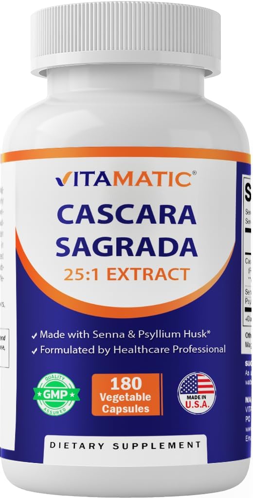 Vitamatic Cascara Sagrada 製 と Senna & Psyllium Husk - 180 Veg カプセル - 濃縮 25X 効力 - すべて ナチュラル - Non-GMO
