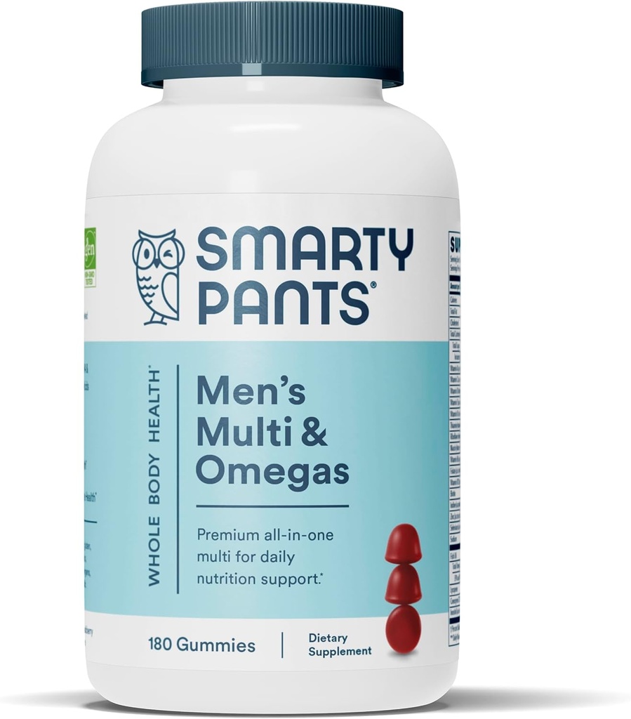 SmartyPants Multivitamin for Men, Gummies: Omega 3 Fish Oil (EPA/DHA), Methylfolate, CoQ10, Vitamin D3, C, Vitamin B12, B6, A, K & Zinc for Immune Support, Biotin, 180 Gummies (30 Day Supply)