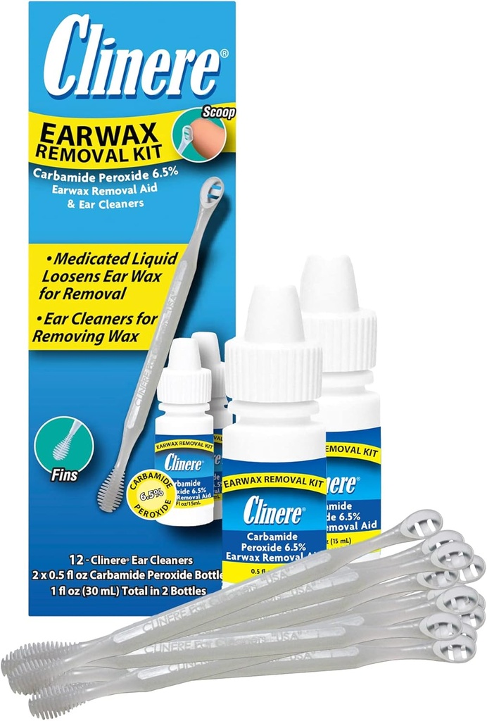 Clinere Earwaxの取り外しのキット、安全および穏やかに耳のワックス、Itchの救助、仕事即刻。5oz Carbamideの過酸化物、12の棒が付いている2 x .5 Fl Oz