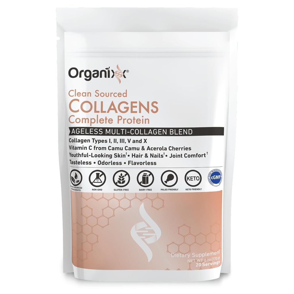 OrganixxはビタミンC、タイプI、II、III、V、Xによって加水分解されたコラーゲン、毛、釘、皮、骨及び接合箇所の健康、老化サポート、清楚な源を付けられた、グルテンフリー、Unflavored、20のサービングとペプチッド粉を粉にします