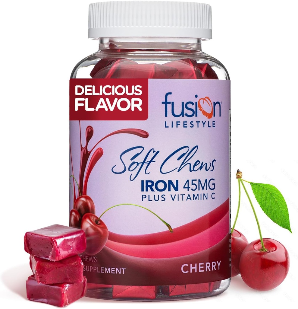 Chewable Iron Supplement for Women & Men - Cherry Flavor, Iron Vitamin C Soft Chew for Max Absorption, Iron as Ferrous Fumarate, Ideal for Anemia and Iron Deficiency, 2 Month Supply