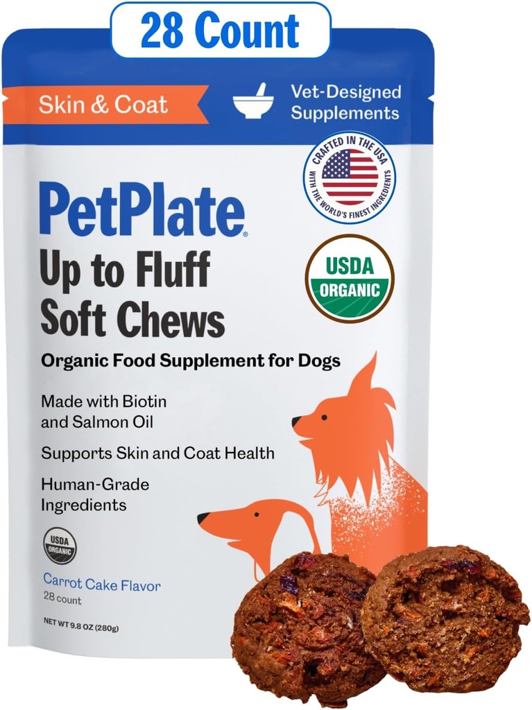 PetPlateは、犬、スキン&コートサポート、USDAオーガニックサプリメント、Grain-Free、Human-Grade、Salmon OilとBiotin、ペット用品(パック1、9.8オーアンス)のためのフッフソフト咀嚼まで対応しています。