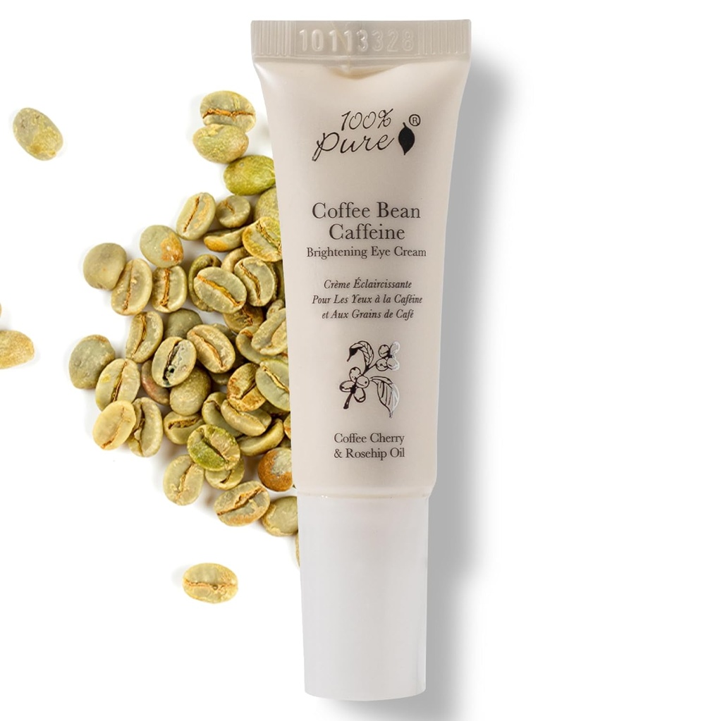100% PURE Coffee Bean Caffeine Eye Cream Refresh & Hydrate Under Eye Treatment Reduce Puffiness, Dark Circles, Wrinkles with Green Tea, Rose Hip, Vitamin E - Youthful Vibrant Eyes - Vegan - 0.3 oz