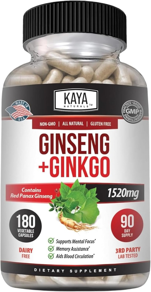 カヤナチュラルズレッドパナックスGinseng + Ginkgo Biloba - 向知性脳サプリメント - 認知と集中サポート - 脳ブースター、フォーカス、およびメモリサプリメント - 180カプセル