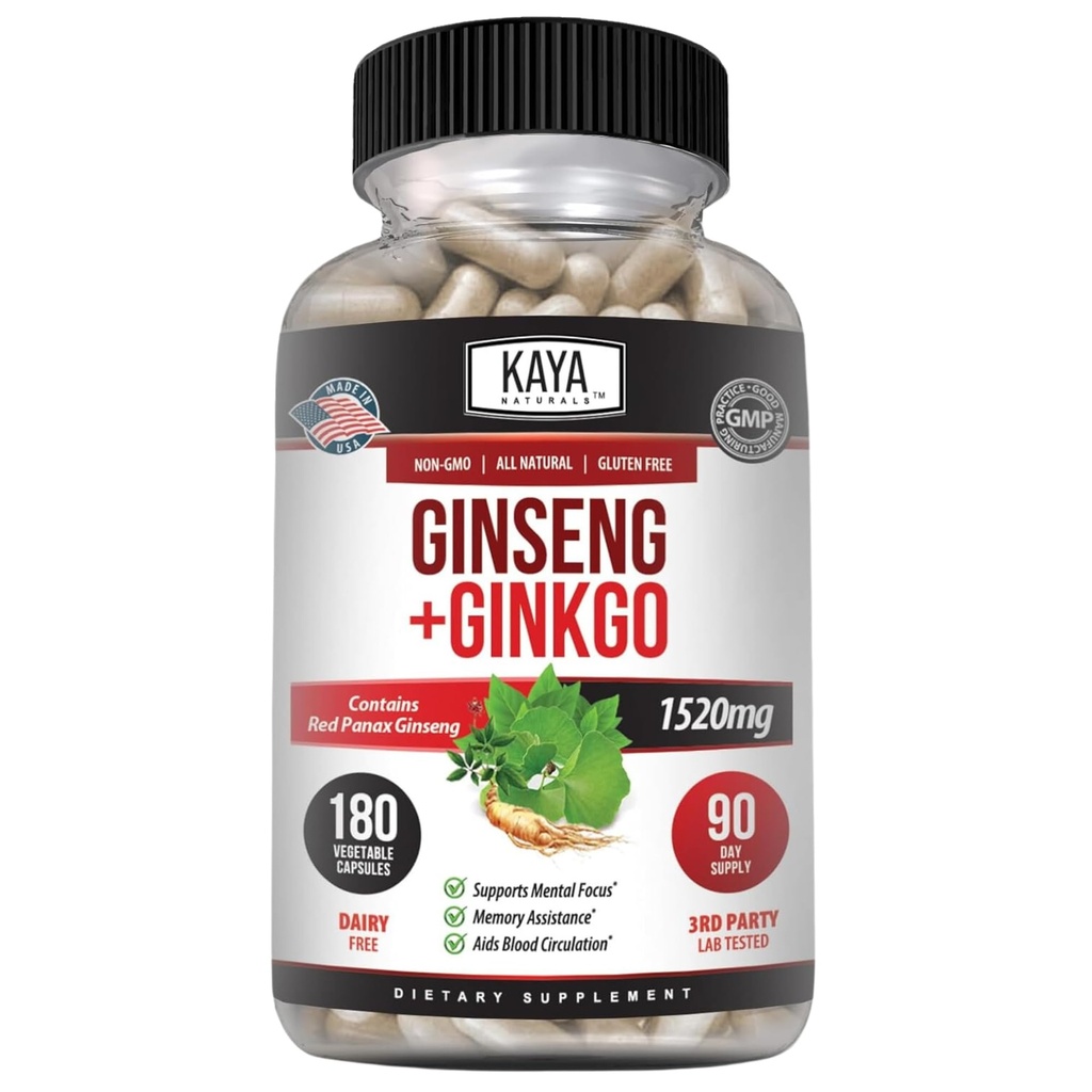 カヤナチュラルズレッドパナックスGinseng + Ginkgo Biloba - 向知性脳サプリメント - 認知と集中サポート - 脳ブースター、フォーカス、およびメモリサプリメント - 180カプセル