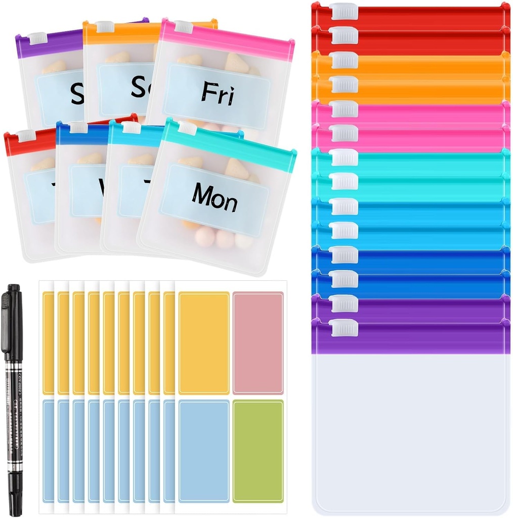 MARFOREVER 25のPCの丸薬の袋の小さい丸薬袋の再使用可能な薬のオルガナイザーのスライド ロック14のPCのプラスチック薬袋10のPCシートのラベルおよびマーカーが付いている旅行丸薬の容器の貯蔵の丸薬の箱