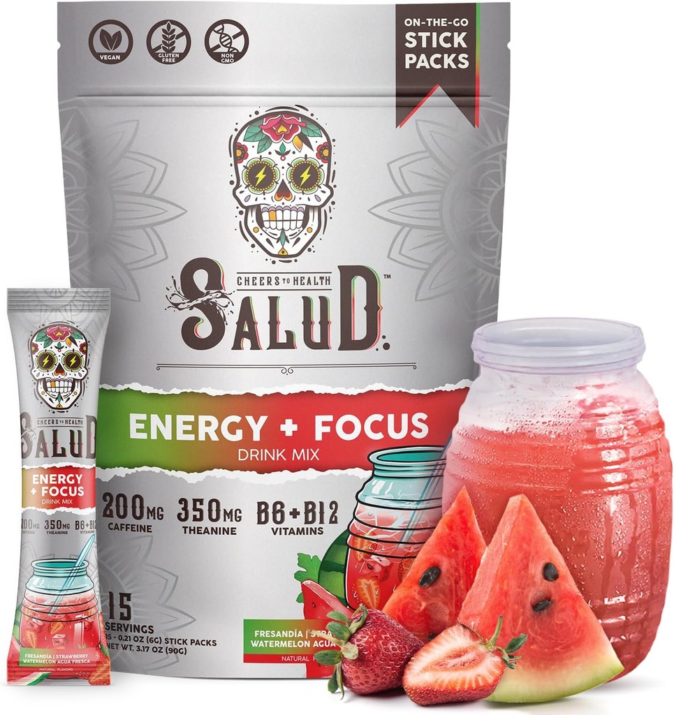 Salud 2-in-1 Energy Drink Powder + Focus, Strawberry Watermelon, Organic Caffeine, B6 + B12, Theanine, Clean Energy Drink Packets, Fresandia Agua Fresca Mix, Non-GMO, Gluten Free, Vegan, 1g of Sugar, (15 Servings)