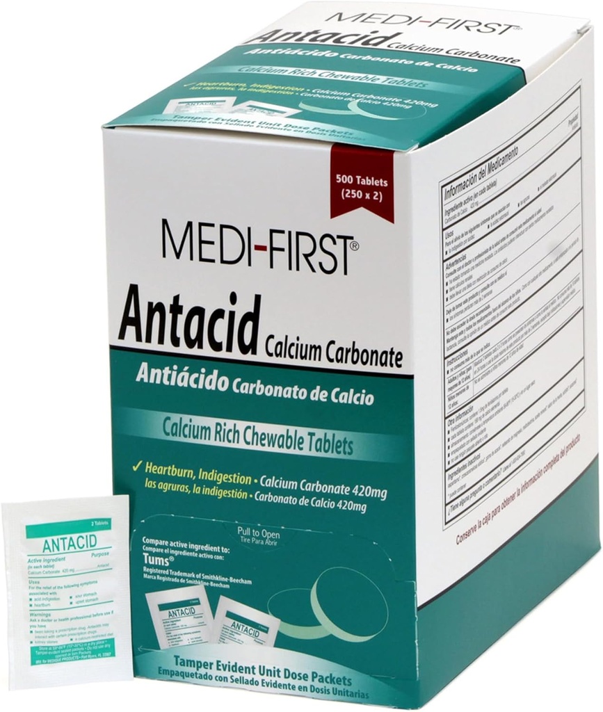Medi-First 80213 Chewable Mint Antacid Tablets, 500 Count