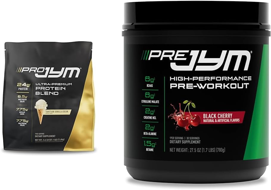 PRO JYM 45 サービング - Tahitian vanilla Bean & PRE JYM 30 サービング - ブラックチェリー