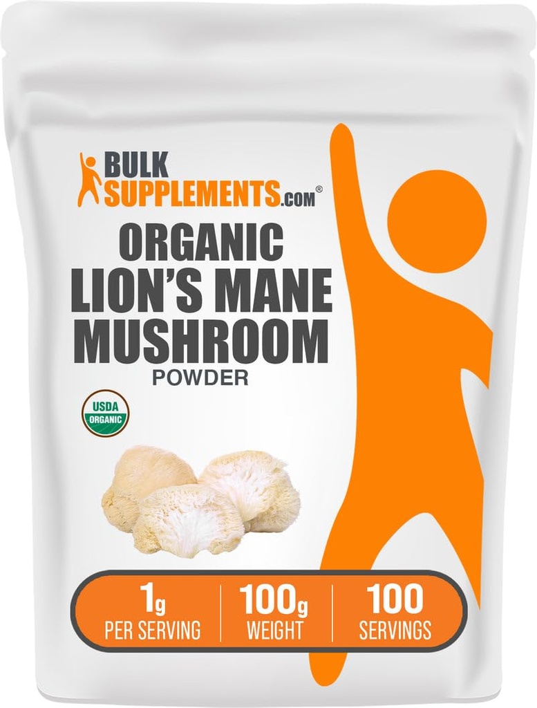 BulkSupplements.comオーガニックライオンマッシュルームパウダー - ライオンズマニーパウダー、マッシュルームサプリメント - ビーガン&グルテンフリー、サービング1g、100g(3.5オンス)(パック1)
