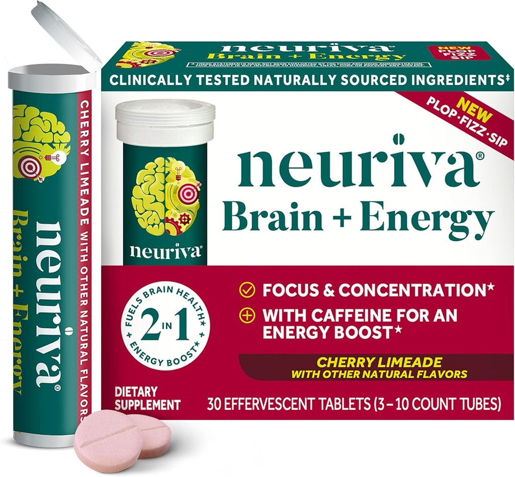NEURIVA の頭脳 + 焦点及び集中のための臨床的にテストされた Neurofactor のエネルギー ブーストのためのカフェイン、30ct チェリーの Limeade の Effervescent のタブレットが付いているエネルギー補足