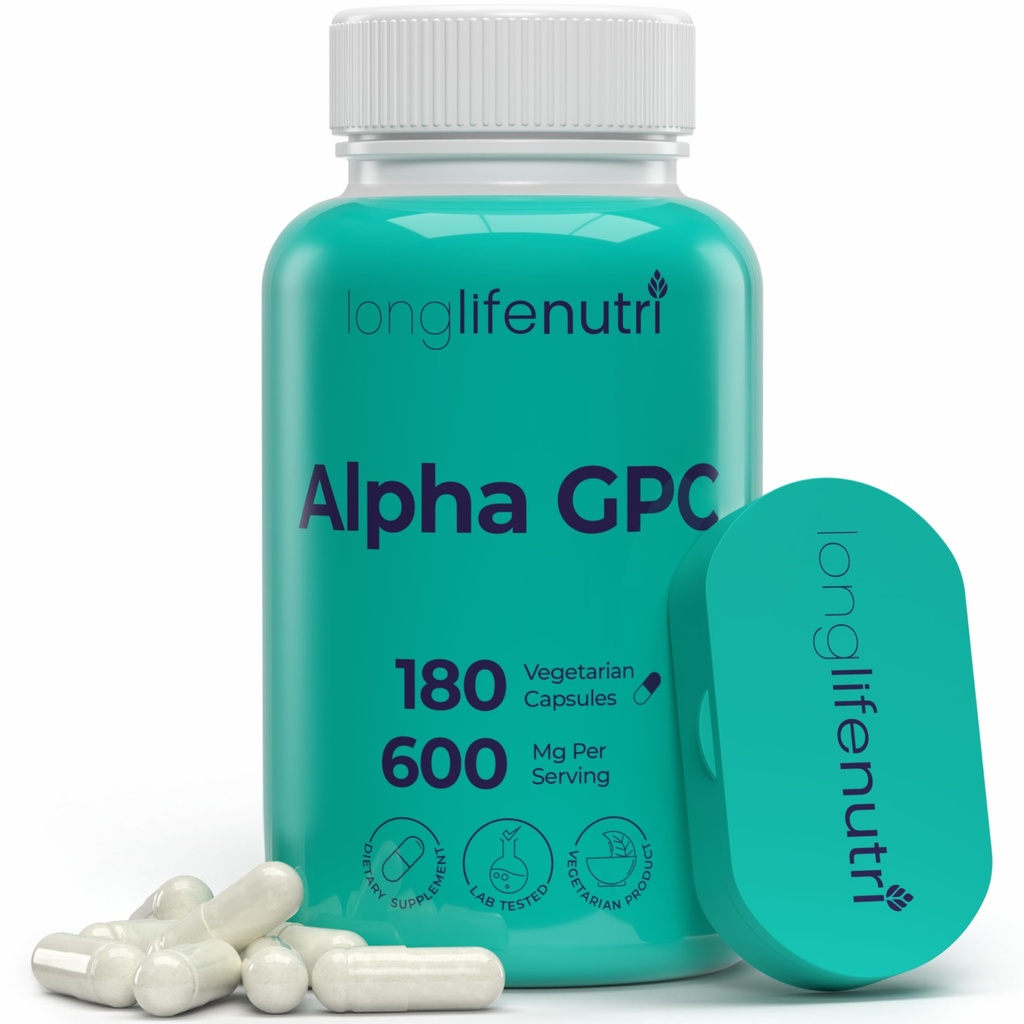アルファGPCのコリンの補足600mg - 180のベジタリアンのカプセル、毎日エネルギーのための高い純度のNootropic、3か月の供給、認知及び精神のAcetylcholineの源、米国でなされるGMPは証明しました