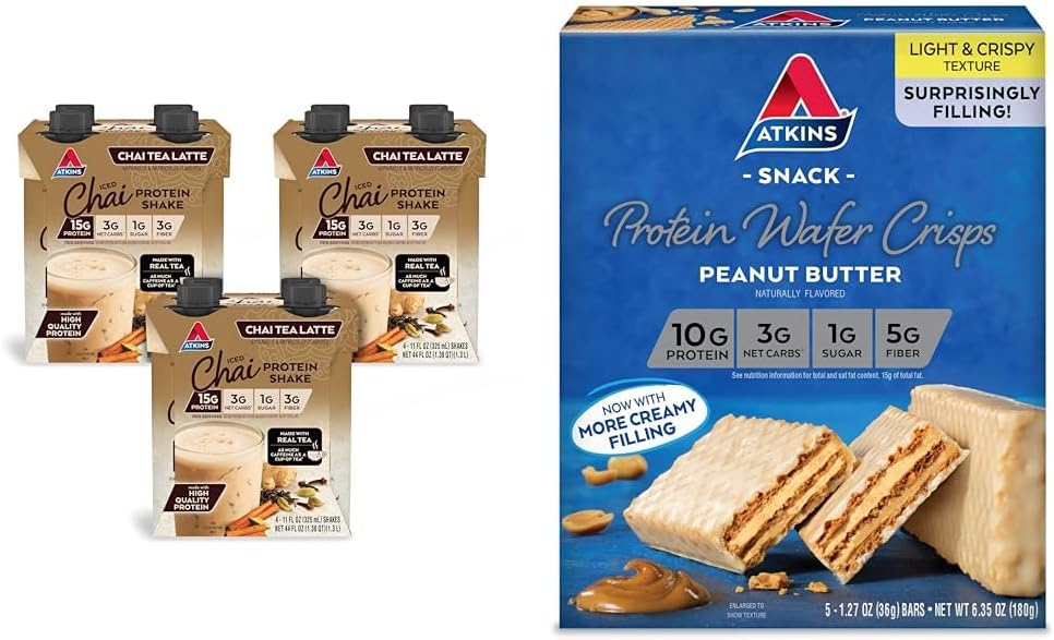 Atkins Chai Tea Latte Protein Shake with 15g Protein, 3g Net Carb, 1g Sugar + Atkins Peanut Butter Protein Wafer Crisps with 10g Protein, 4g Net Carb, 1g Sugar, 5 Count