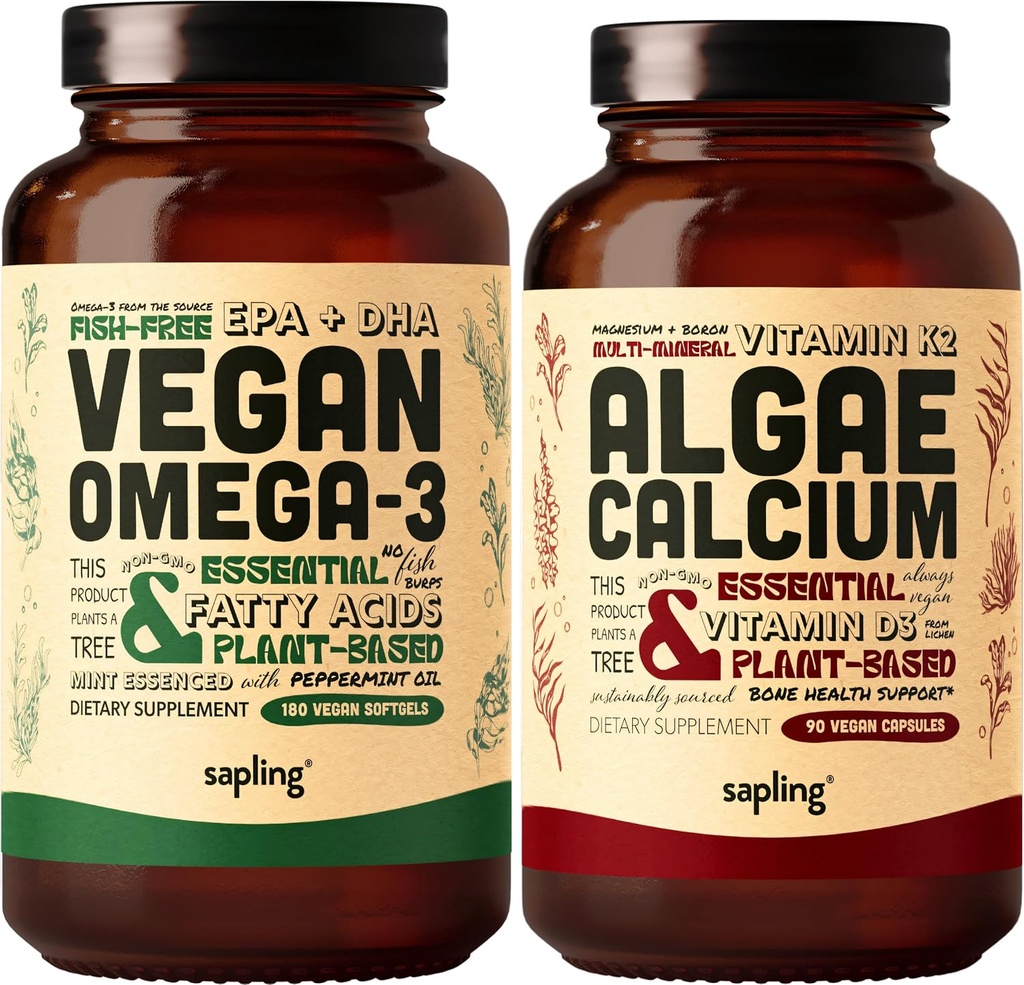 Vegan Omega 3 180 Softgels & Algae Calcium Bundle - Plant Based DHA & EPA Fatty Acids, Calcium Supplement from Red Algae with Vitamin K2 & D3, Magnesium, Zinc, Boron, Mineral Complex
