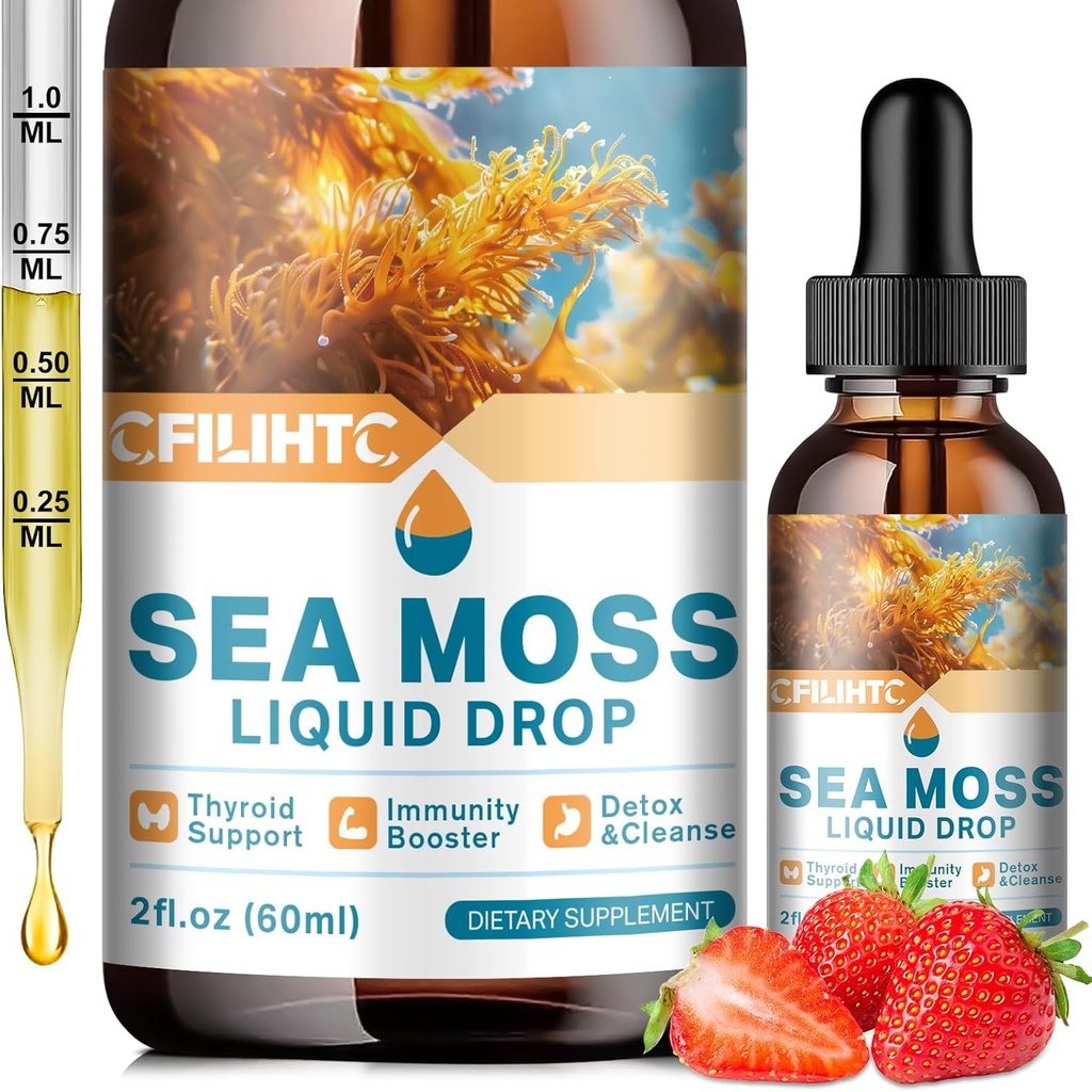 Sea Moss Liquid Drops Supplement, Irish Sea Moss with Soursop Black Elderberry Ashwagandha Burdock Root - Multivitamins Seamoss Liquid Drops Support Antioxidant, Immune, Skin Gut Health, 2 Fl Oz